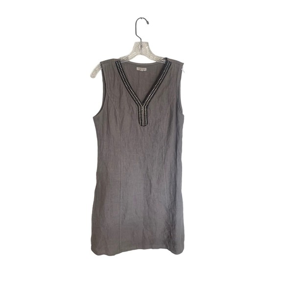 Lina Tomei Italy 100% Linen Dress Embellished Neck Gray Size Small - Picture 1 of 14